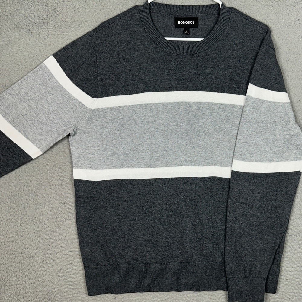 Bonobos Sweater Mens Large Crewneck Grey White Colorblock Knit Pullover Casual